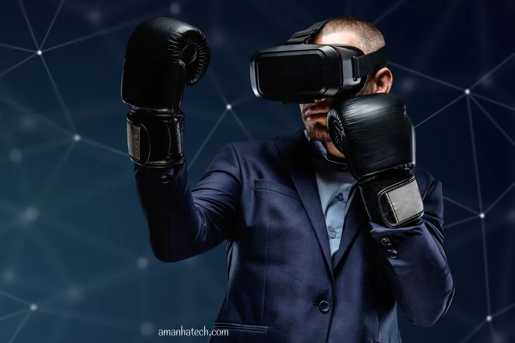 homem de óculos de realidade virtual lutando para IA não roubar seu emprego de programador